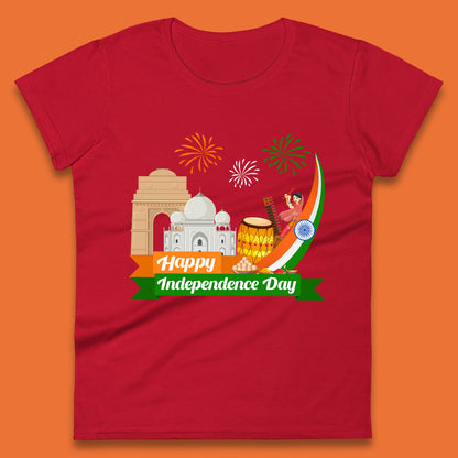 Happy India Independence Day 15th August Patriotic Indian Flag India Architectural Landmarks Womens Tee Top