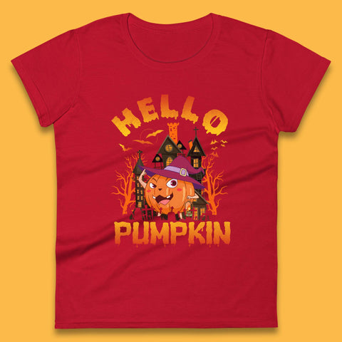 Hello Pumpkin Cartoon Halloween Pumpkin With Witch Hat Devil Smile Haunted Castle Womens Tee Top