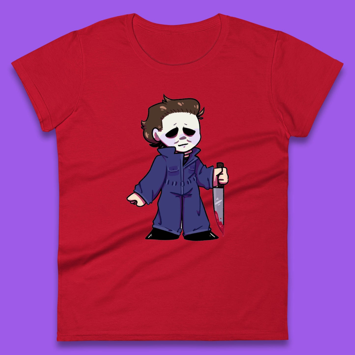 Chibi Michael Myers Holding Bloody Knife Halloween Serial Killer Horror Movie Character Womens Tee Top