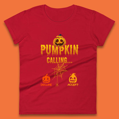 Halloween Pumpkin Calling Accept Decline Funny Jack O Lantern Horror Scary Phone Call Womens Tee Top