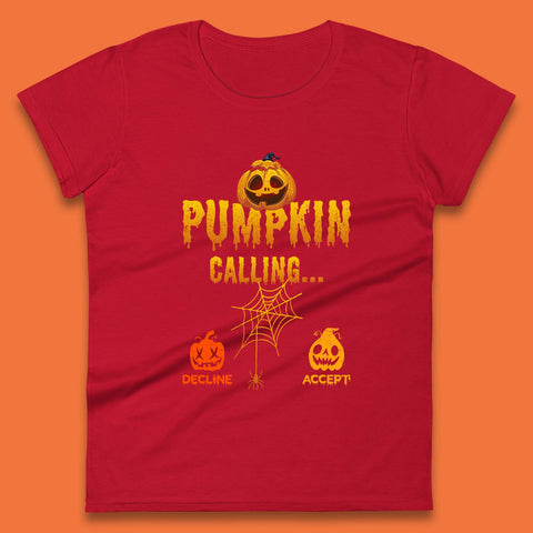 Halloween Pumpkin Calling Accept Decline Funny Jack O Lantern Horror Scary Phone Call Womens Tee Top
