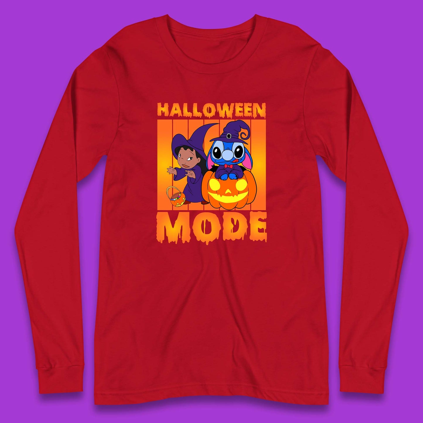 Halloween Mode Disney Lilo & Stitch Halloween Pumpkin Witch Hat Stitch Spooky Disneyland Trip Long Sleeve T Shirt