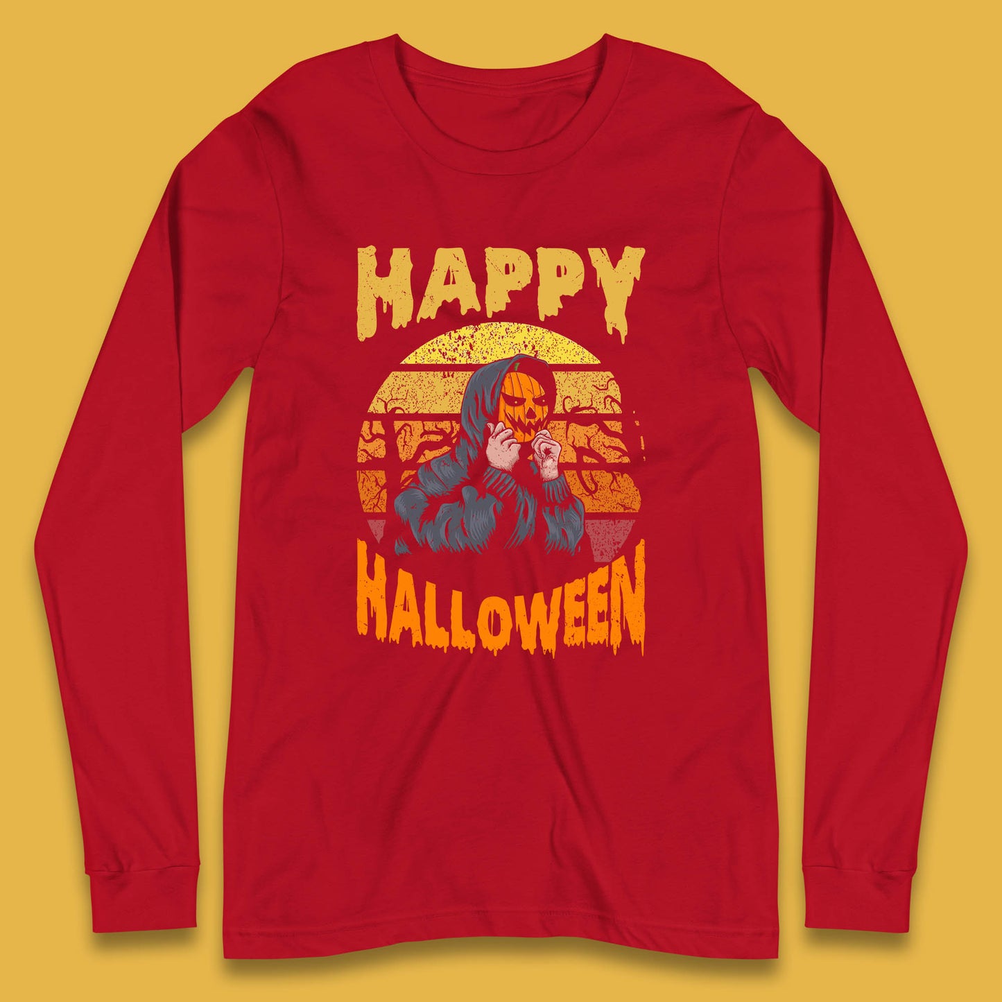 Happy Halloween Jack O Lantern Pumpkin Head Horror Scary Vintage Retro Halloween Long Sleeve T Shirt