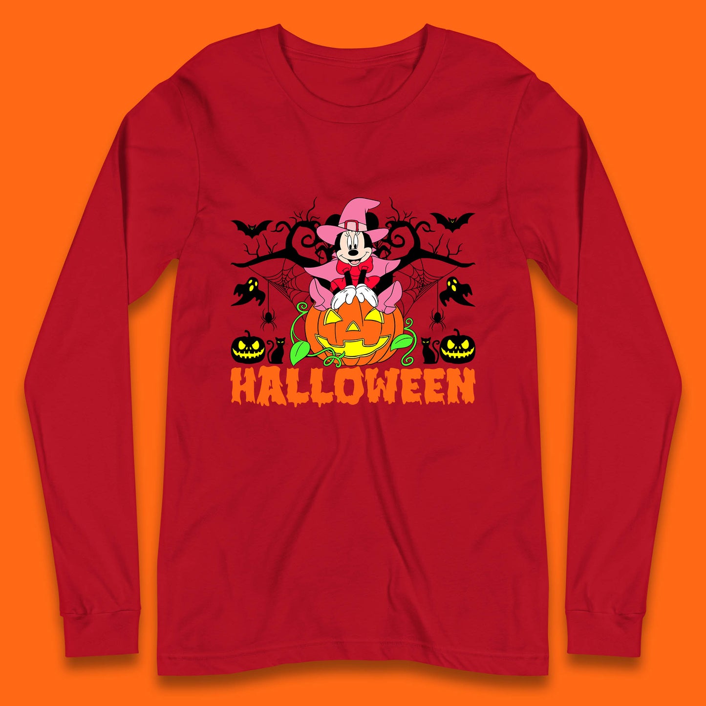 Disney Halloween Witch Minnie Mouse Sitting On Pumpkin Horror Scary Disneyland Trip Costume Long Sleeve T Shirt