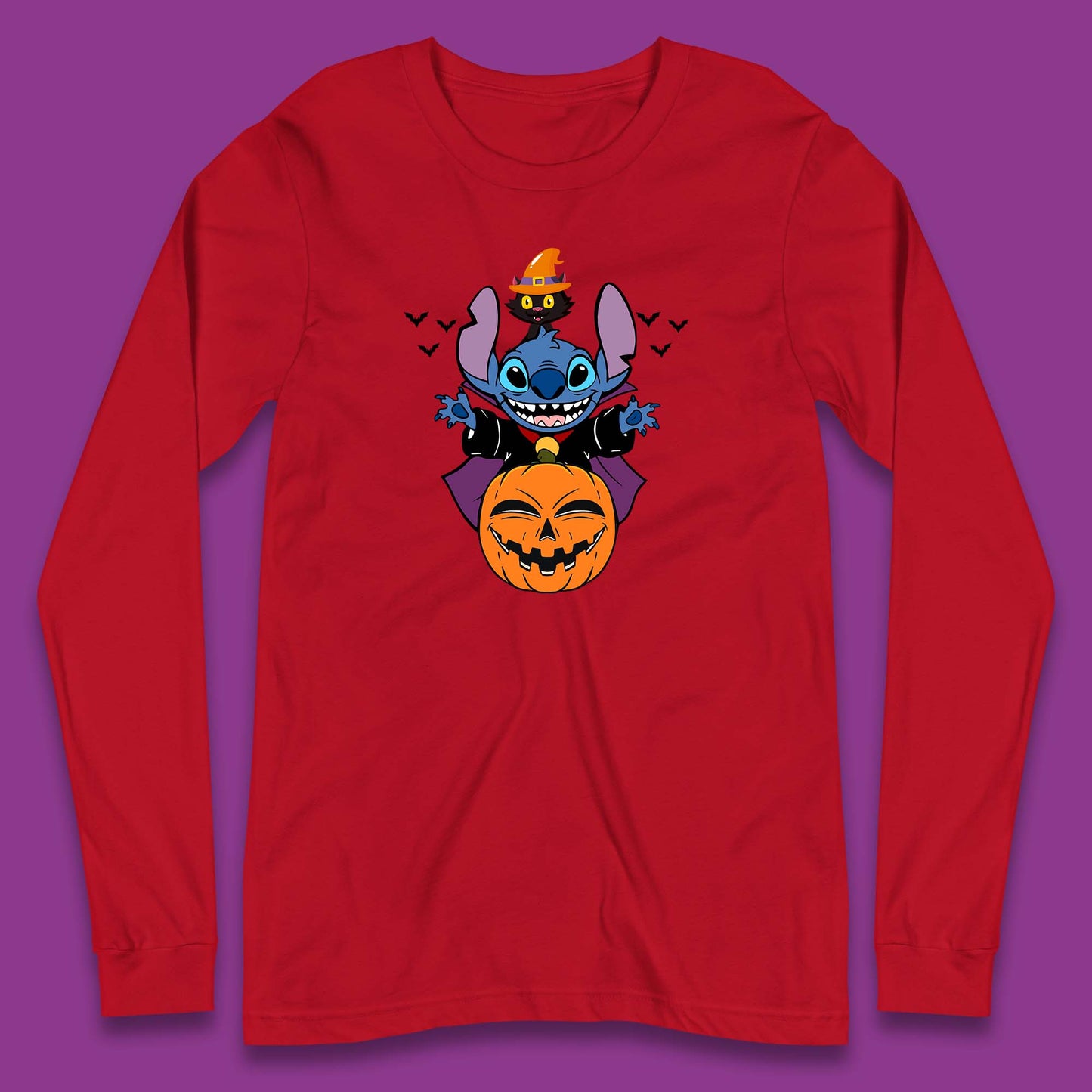 Disney Halloween Pumpkin Devil Stitch With Black Cat Horror Scary Disney Lilo & Stitch Long Sleeve T Shirt