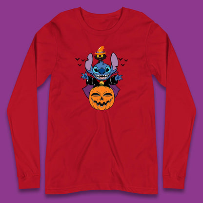 Disney Halloween Pumpkin Devil Stitch With Black Cat Horror Scary Disney Lilo & Stitch Long Sleeve T Shirt