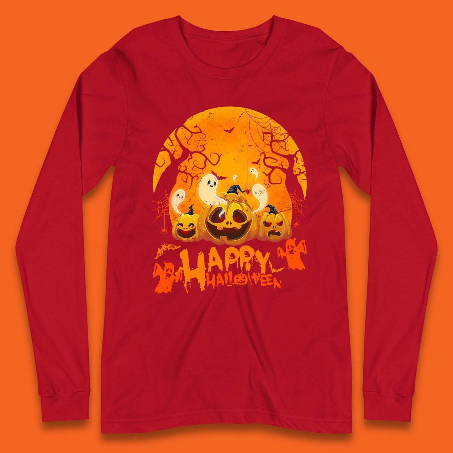 Happy Halloween Jack O Lantern Pumpkins Scary Boo Ghost Haunted Trees Long Sleeve T Shirt