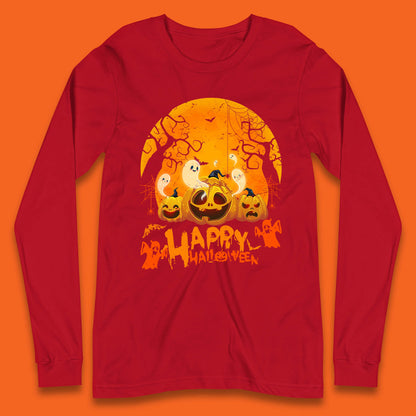 Happy Halloween Jack O Lantern Pumpkins Scary Boo Ghost Haunted Trees Long Sleeve T Shirt