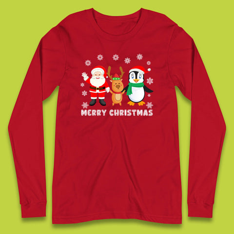Merry Christmas Penguin, Santa Claus And Reindeer Xmas Long Sleeve T Shirt
