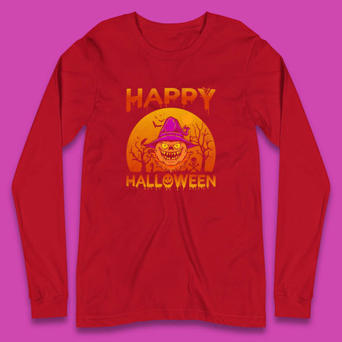 Happy Halloween Monster Pumpkin With Witch Hat Horror Scary Spooky Season Long Sleeve T Shirt