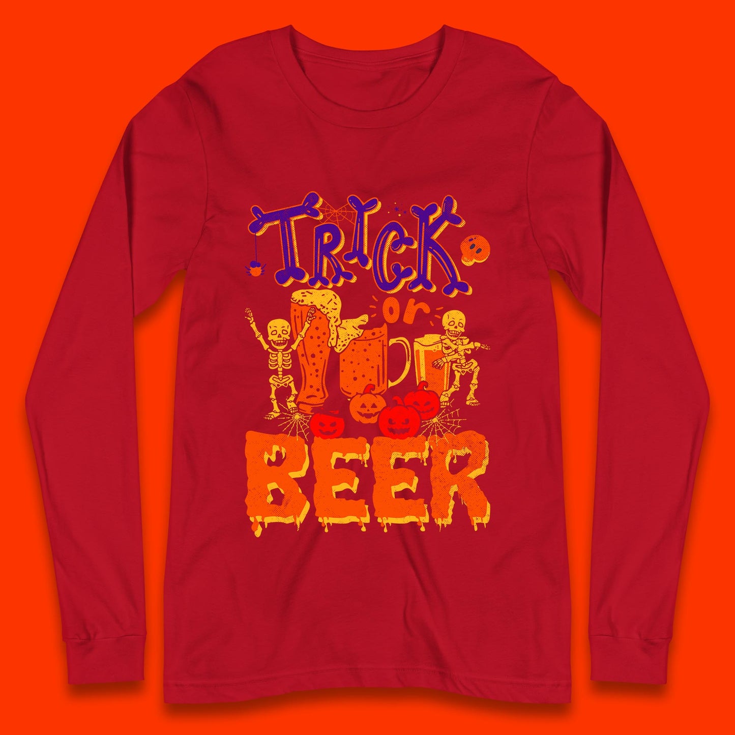 Trick Or Beer Halloween Drinking Beer Lover Dancing Skeleton Drinker Halloween Party Long Sleeve T Shirt