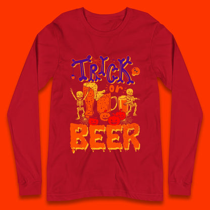 Trick Or Beer Halloween Drinking Beer Lover Dancing Skeleton Drinker Halloween Party Long Sleeve T Shirt