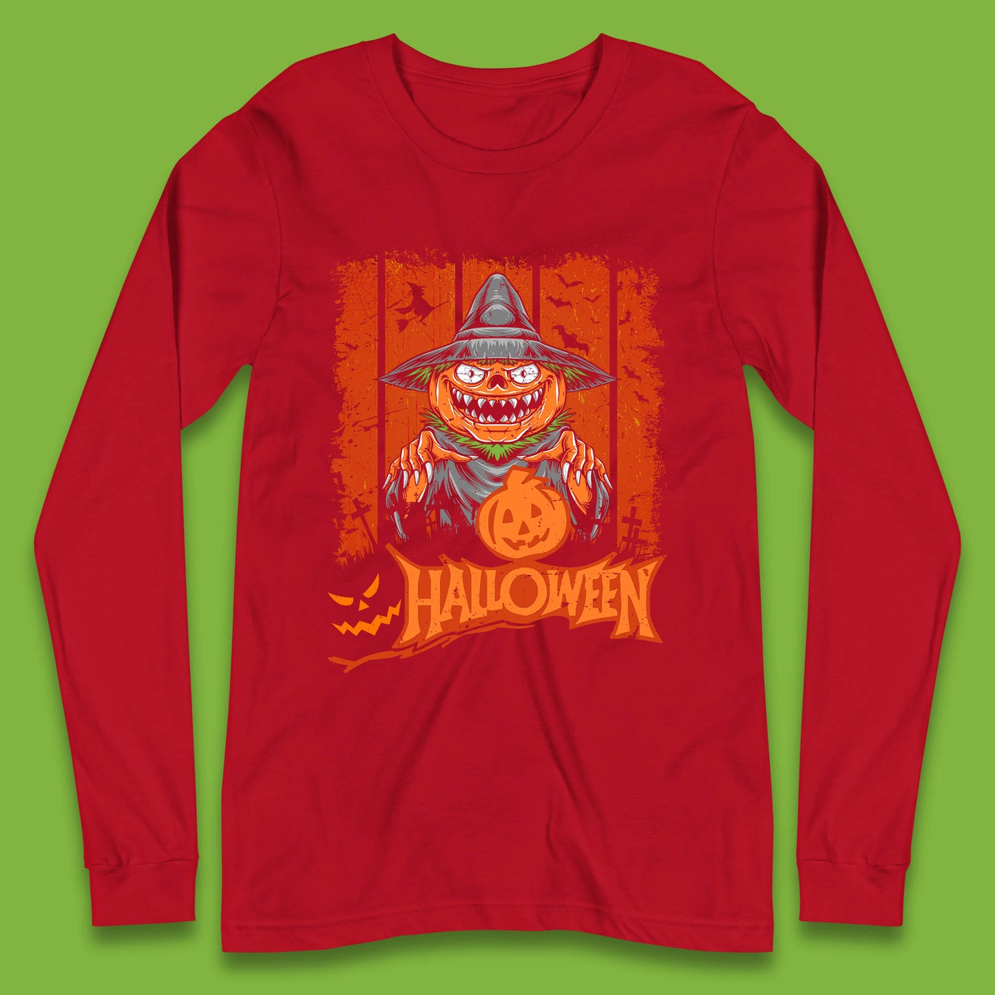 Halloween Pumpkin Head Scarecrow Jack O Lantern Pumpkin Head Horror Scary Vintage Retro Long Sleeve T Shirt