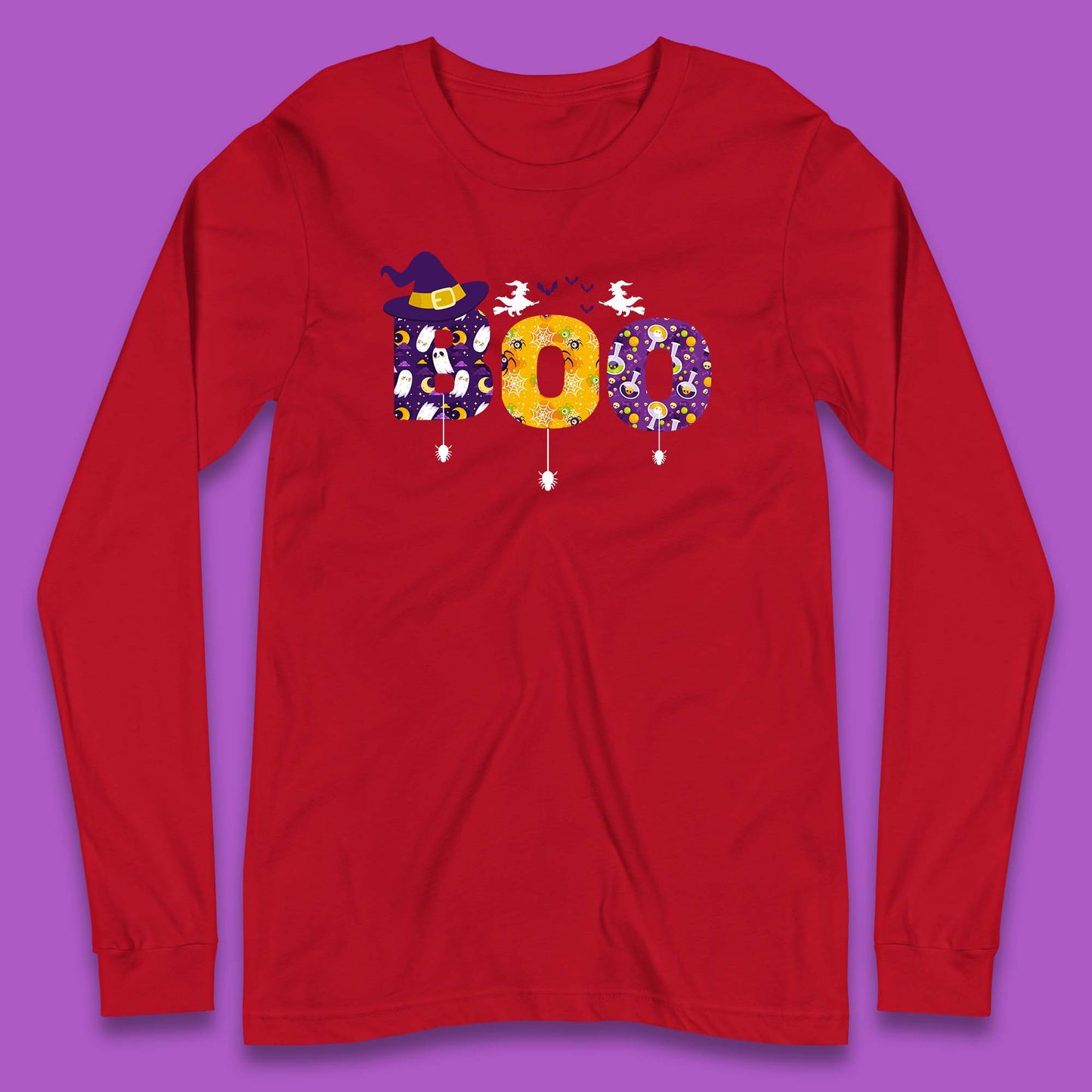Boo With Spiders And Witch Hat Halloween Boo Ghosts Costume Long Sleeve T Shirt