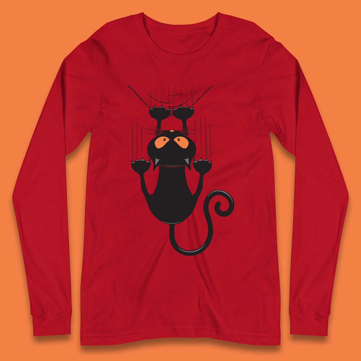 Black Cat Cartoon Scratching Climbing Wall Halloween Horror Scary Black Cat Spooky Season Long Sleeve T Shirt