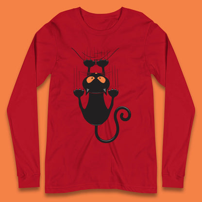 Black Cat Cartoon Scratching Climbing Wall Halloween Horror Scary Black Cat Spooky Season Long Sleeve T Shirt