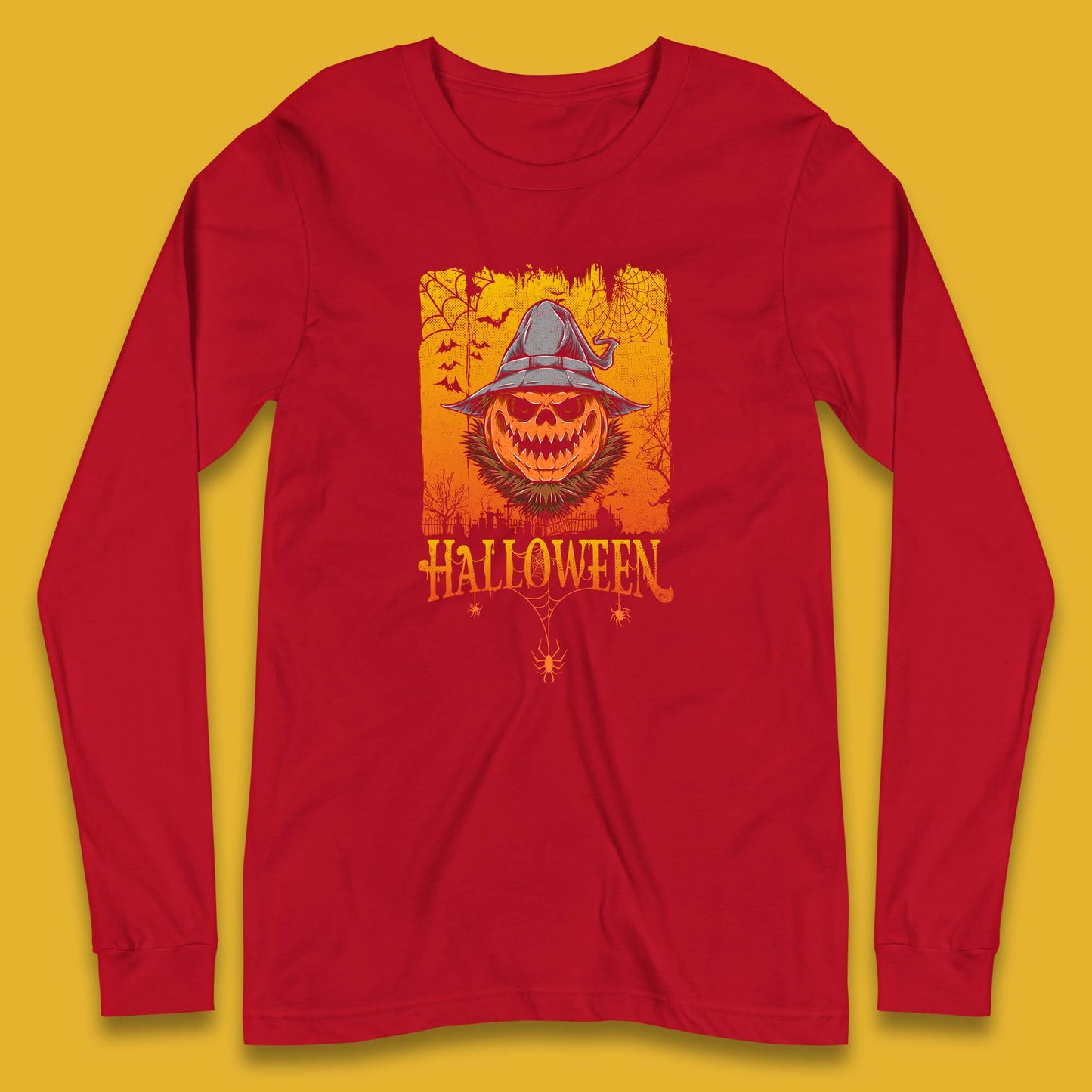 Angry Halloween Scary Evil Pumpkin Funny Pumpkin Head With Fire Eyes Scary Spooky Season Long Sleeve T Shirt