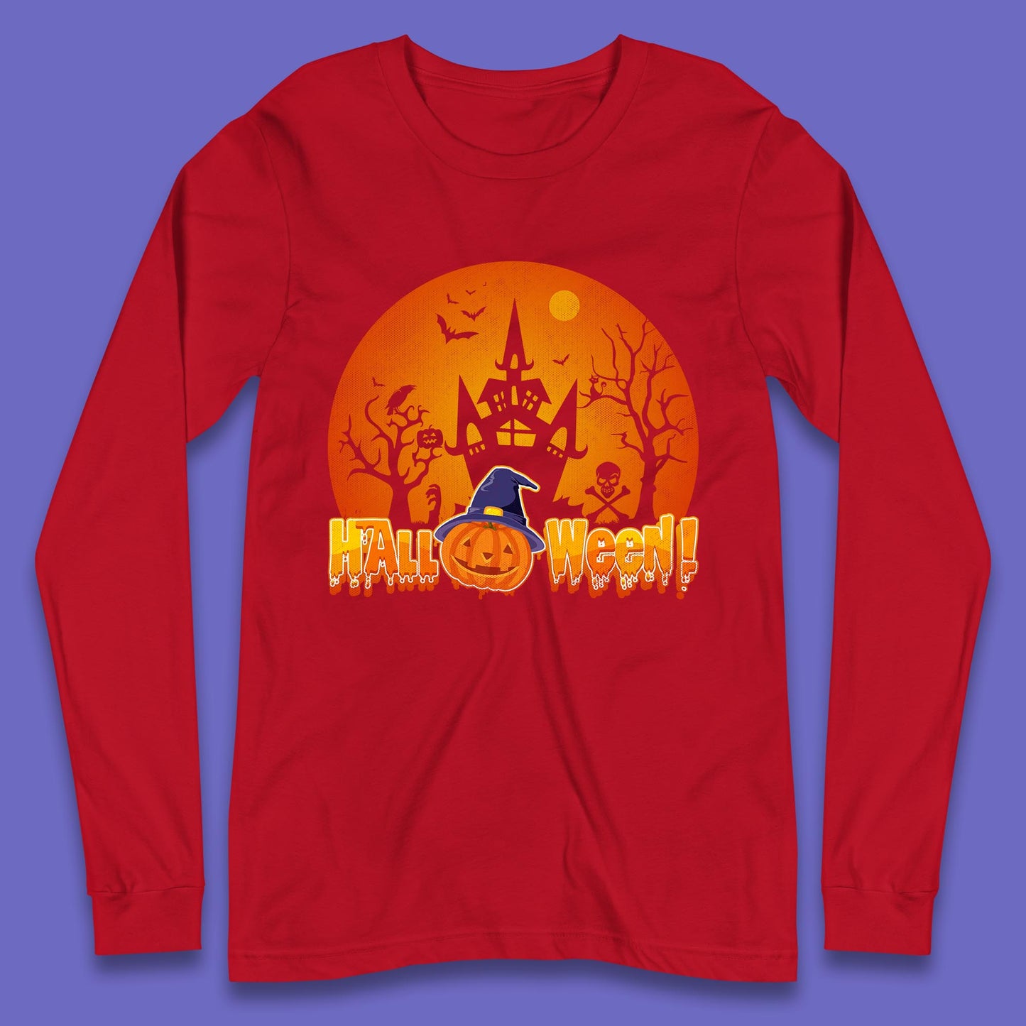 Halloween Pumpkin Witch Hat Haunted Castle Flying Bats Skull Bones Scary Dark Night Long Sleeve T Shirt