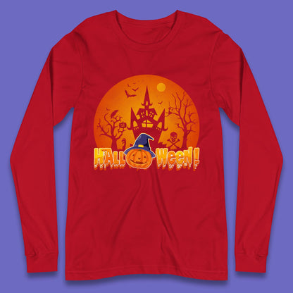 Halloween Pumpkin Witch Hat Haunted Castle Flying Bats Skull Bones Scary Dark Night Long Sleeve T Shirt