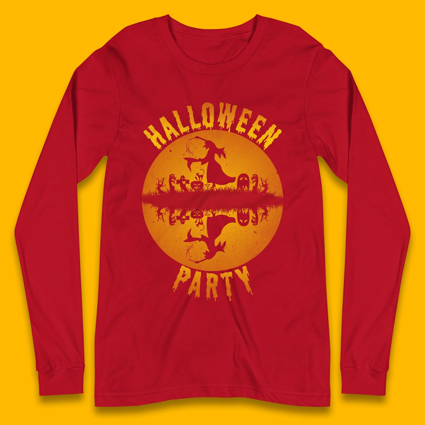 Halloween Party Flying Witch Horror Scary Spooky Season Scary Boo With Full Moon Long Sleeve T Shirt