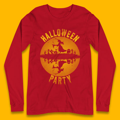 Halloween Party Flying Witch Horror Scary Spooky Season Scary Boo With Full Moon Long Sleeve T Shirt