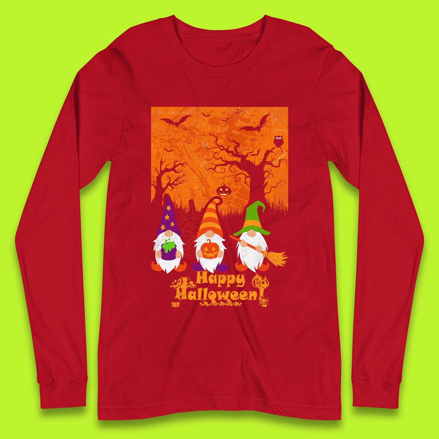 Happy Halloween Gnomies Spooky Witch Gnomes Scary Halloween Trees Gnome Lover Long Sleeve T Shirt