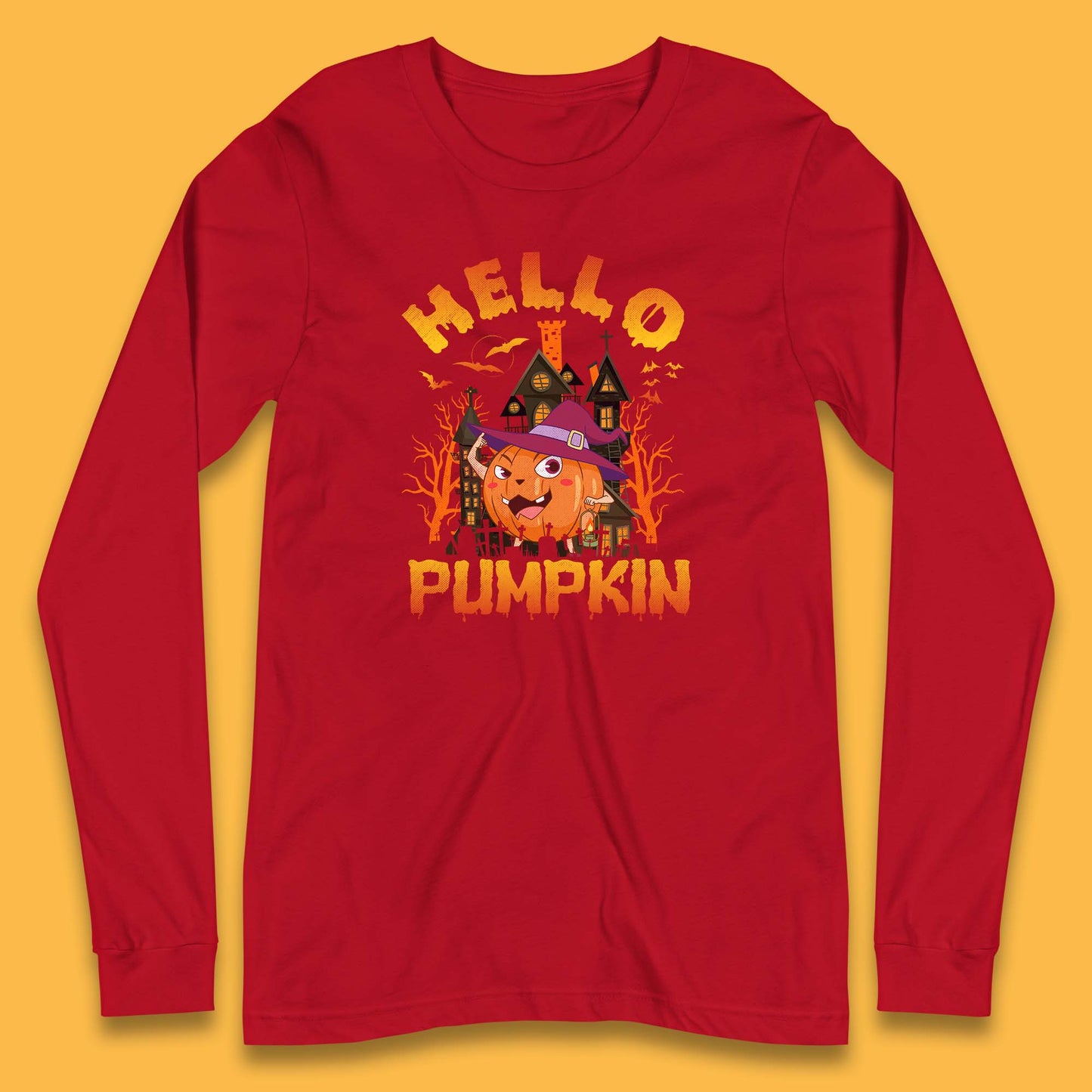 Hello Pumpkin Cartoon Halloween Pumpkin With Witch Hat Devil Smile Haunted Castle Long Sleeve T Shirt