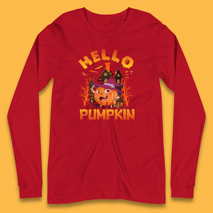 Hello Pumpkin Cartoon Halloween Pumpkin With Witch Hat Devil Smile Haunted Castle Long Sleeve T Shirt
