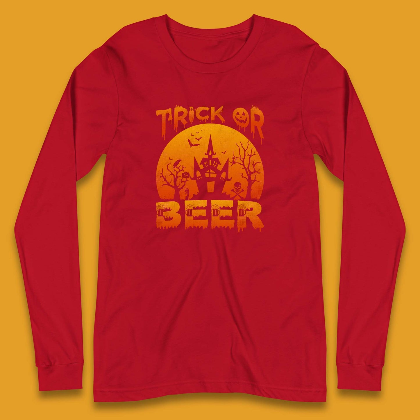 Trick Or Beer Halloween Drinking Beer Lover Horror Haunted House Drinker Halloween Party Long Sleeve T Shirt