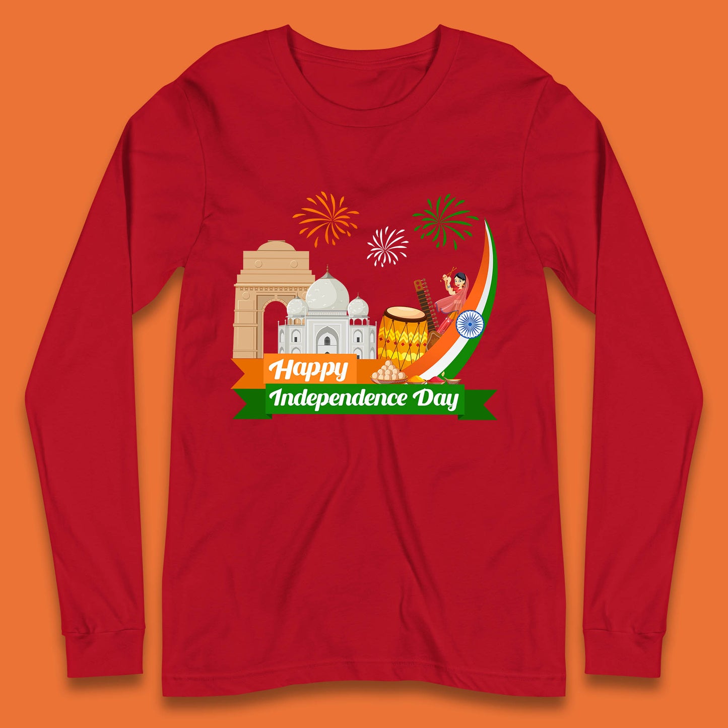 Happy India Independence Day 15th August Patriotic Indian Flag India Architectural Landmarks Long Sleeve T Shirt