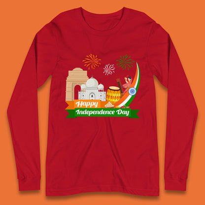 Happy India Independence Day 15th August Patriotic Indian Flag India Architectural Landmarks Long Sleeve T Shirt