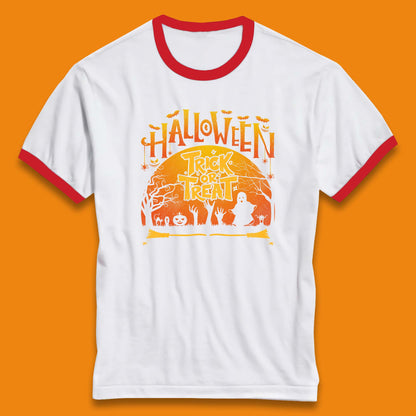 Halloween Trick Or Treat Horror Boo Ghost Creepy Zombie Hands Out Of Graveyard Ringer T Shirt