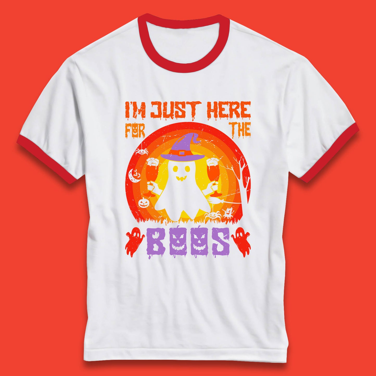 I'm Just Here For The Boos Halloween Boo Ghost Witch Hat Horror Scary Ringer T Shirt