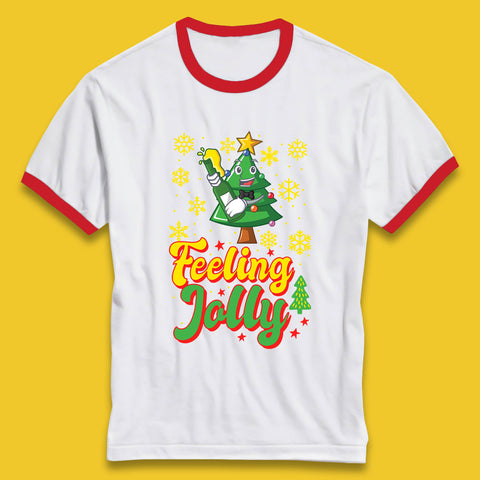 Feeling Jelly Beer Fir With Snow Christmas Tree Cartoon Xmas Drinking Lovers Ringer T Shirt