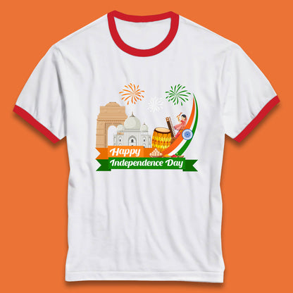 Happy India Independence Day 15th August Patriotic Indian Flag India Architectural Landmarks Ringer T Shirt
