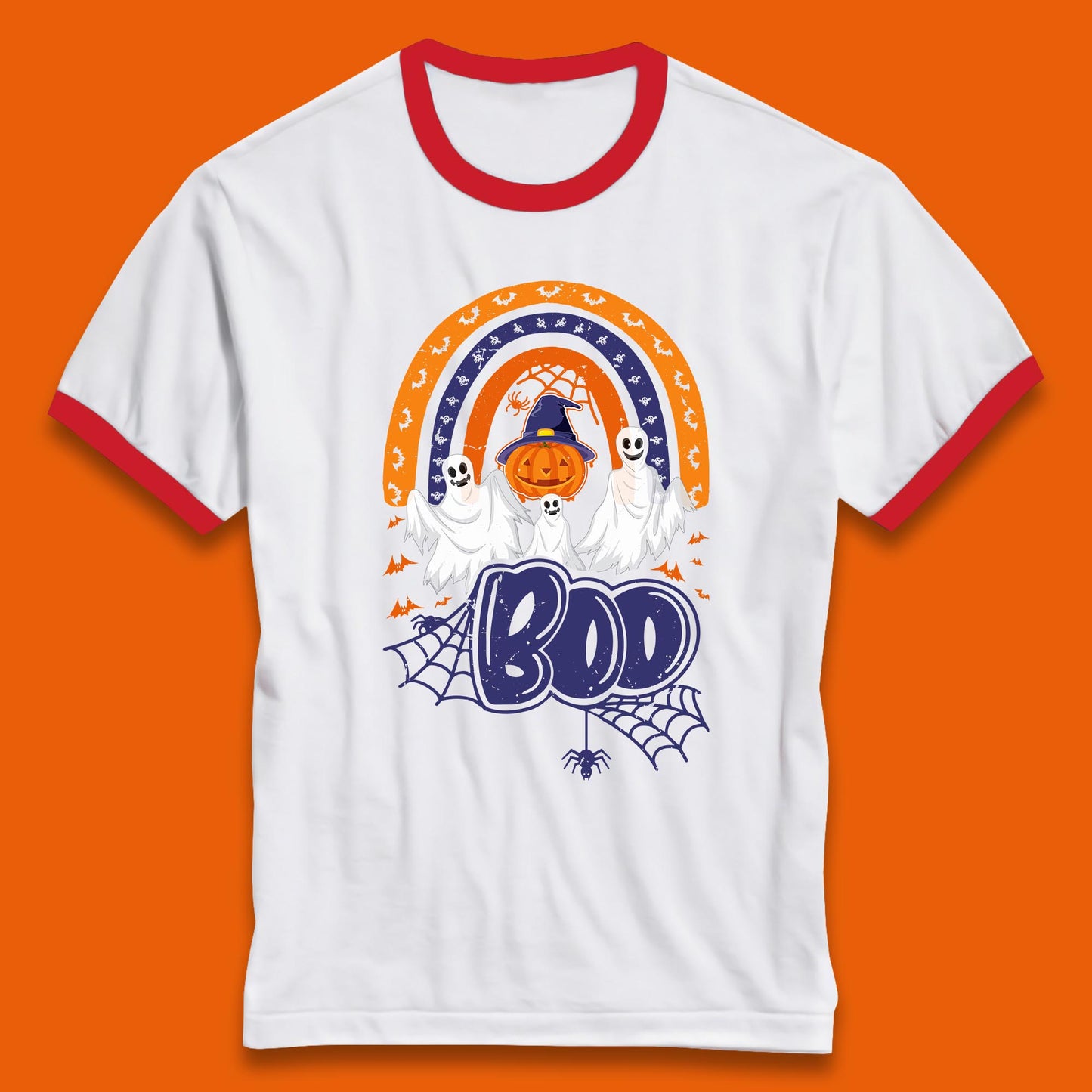 Halloween Boo Ghosts With Witch Pumpkin Scary Spooky Season Ringer T Shirt
