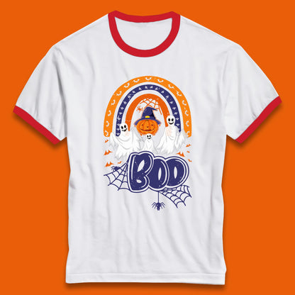 Halloween Boo Ghosts With Witch Pumpkin Scary Spooky Season Ringer T Shirt
