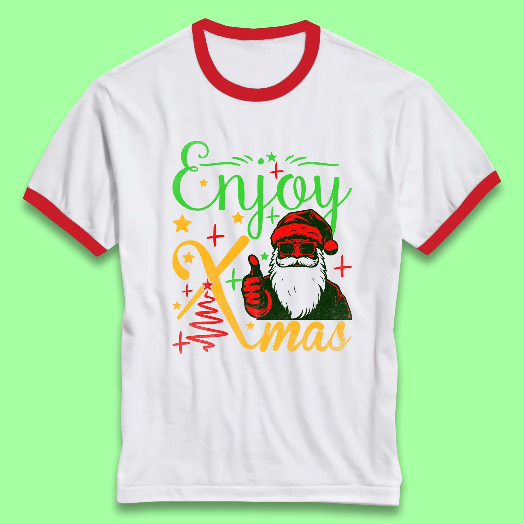 Enjoy Xmas Santa Claus Thumbs Up Merry Christmas Holiday Season Ringer T Shirt