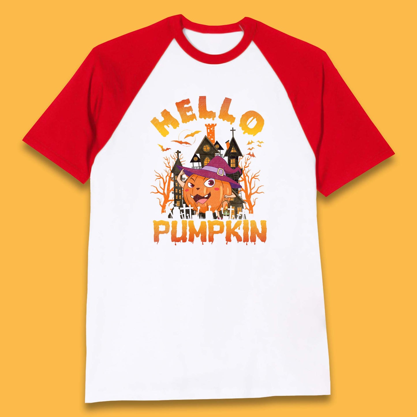 Hello Pumpkin Cartoon Halloween Pumpkin With Witch Hat Devil Smile Haunted Castle Baseball T Shirt