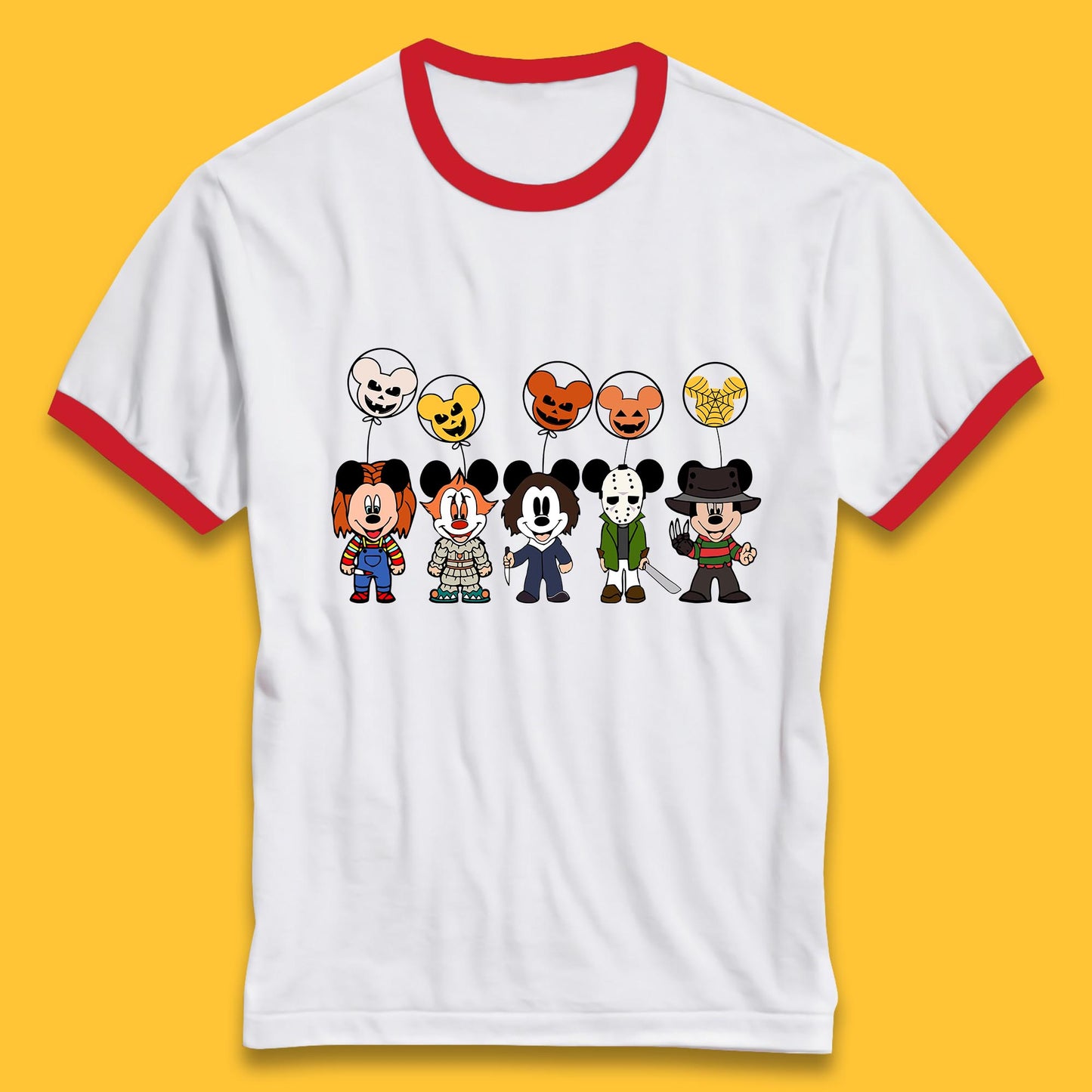 Disney Halloween Friends Horror Movie Characters Mickey Mouse Balloons Ringer T Shirt