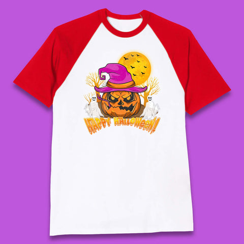 Happy Halloween Pumpkin Witch Hat Jack-o'-lantern With Full Moon Flying Bats Horror Scary Boo Ghost Baseball T Shirt