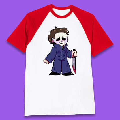 Chibi Michael Myers Holding Bloody Knife Halloween Serial Killer Horror Movie Character Baseball T Shirt