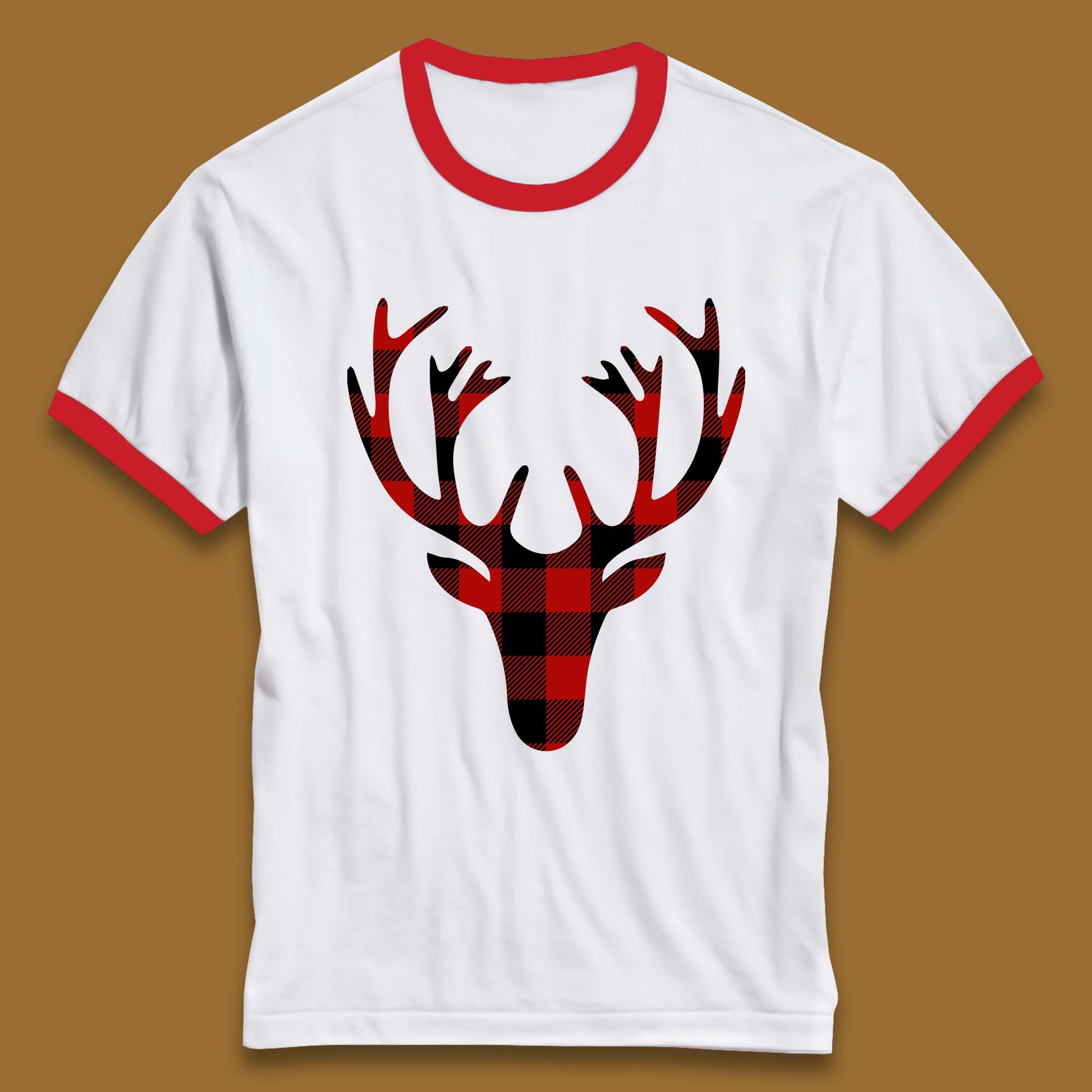 merry christmas buffalo plaid deer head ringer t shirt