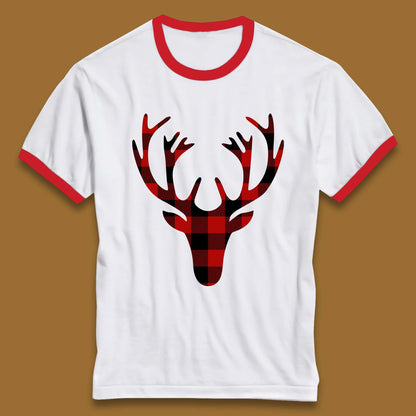 merry christmas buffalo plaid deer head ringer t shirt
