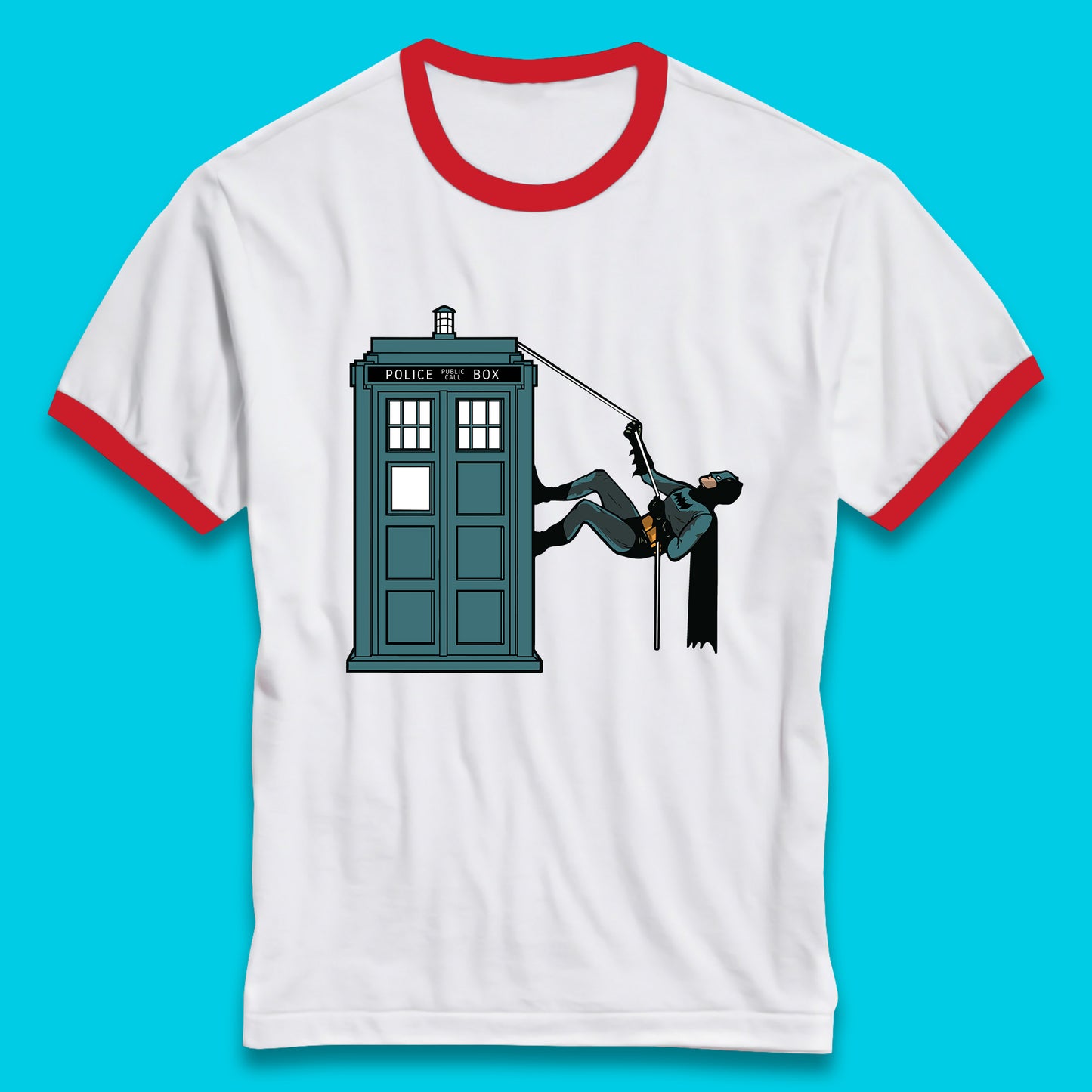 Batman Climbing Police Public Call Box DC Comics Superhero Movie Character Ringer T Shirt