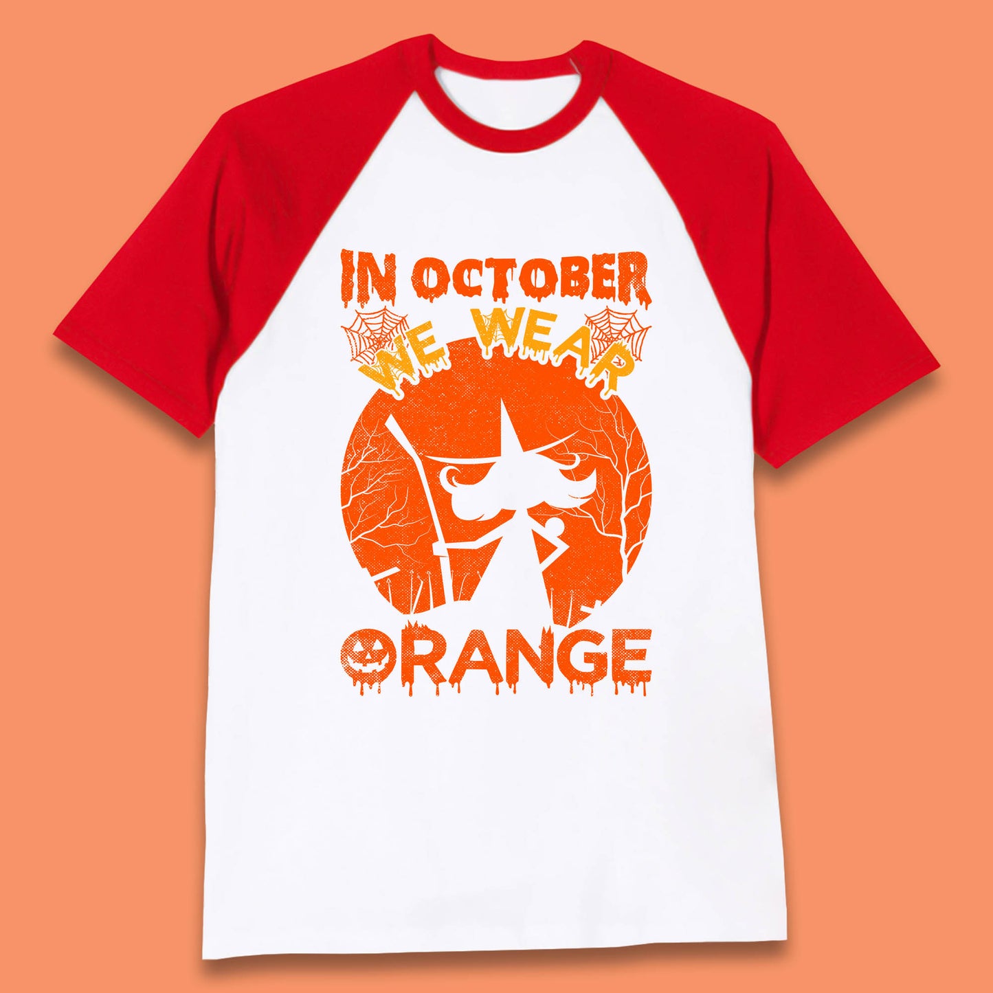 In October We Wear Orange Funny Quote Scary Witch With Broom Halloween Costume October Festive Baseball T Shirt