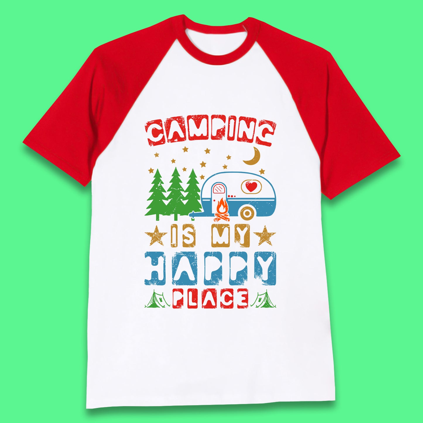 Camping Is My Happy Place Happy Camper Hiking Adventure Vacation Trip Camping Crew Baseball T Shirt