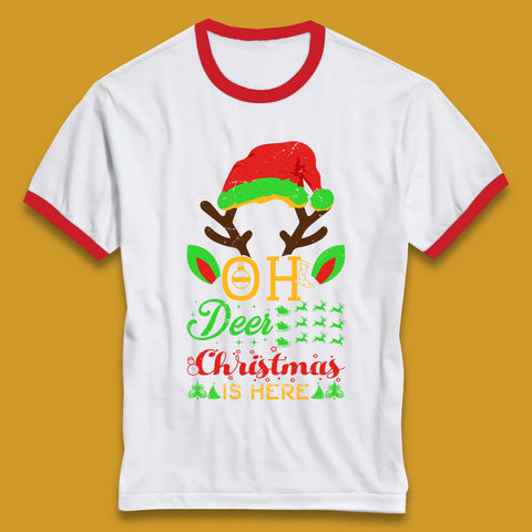 Oh Deer Christmas Is Here Christmas Reindeer Trendy Holiday Xmas Ringer T Shirt