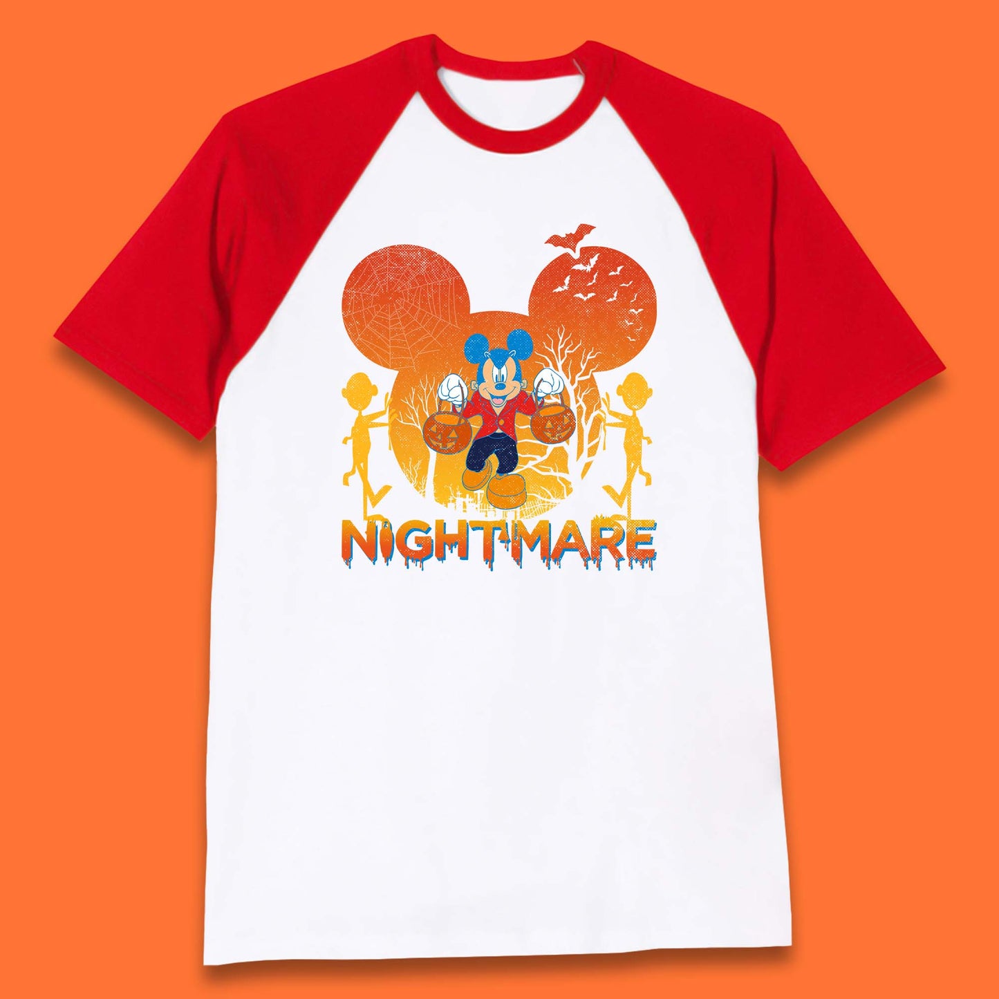 Halloween Nightmare Disney Mickey Mouse Holding Pumpkin Bucket Horror Scary Disneyland Trip Baseball T Shirt