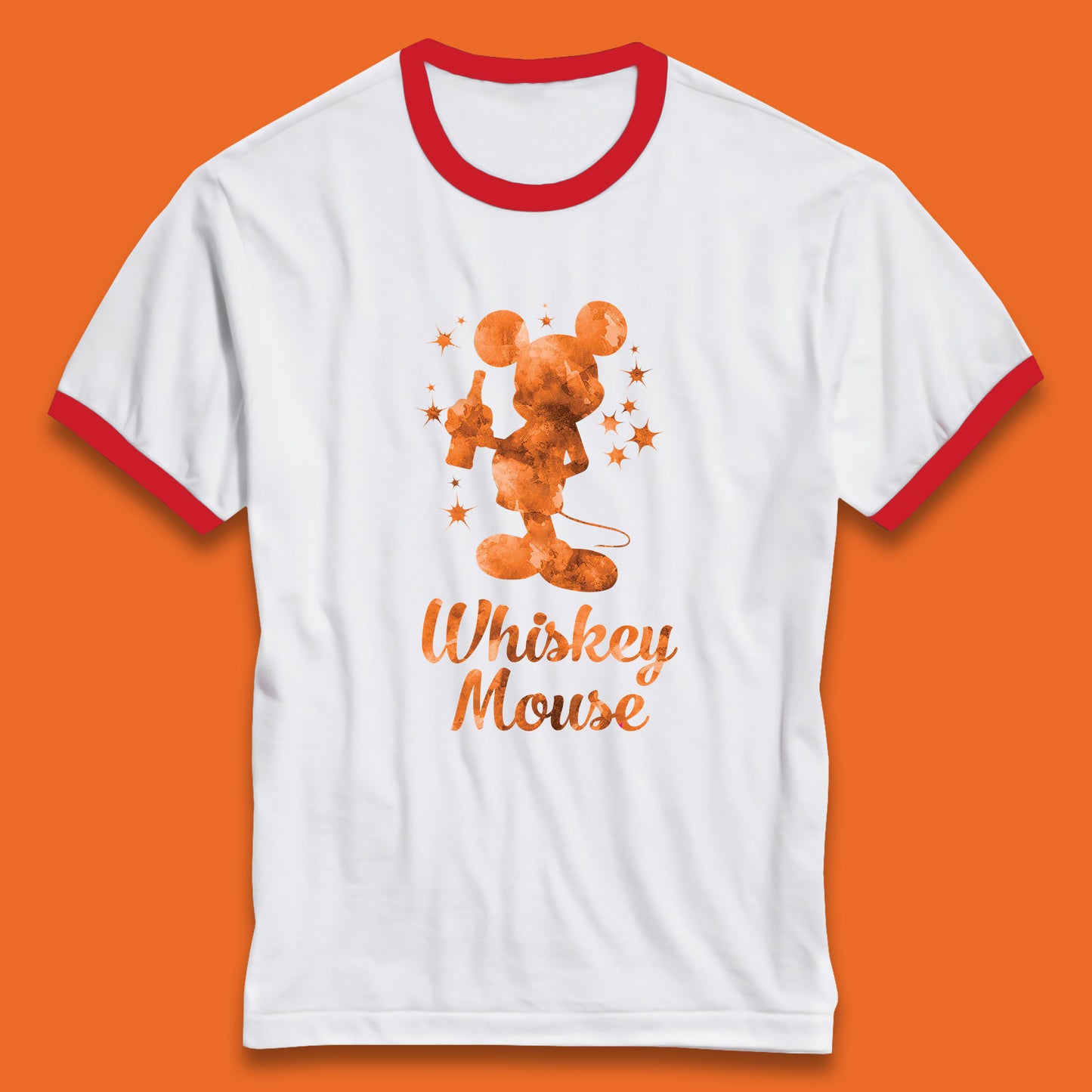 Whiskey Mouse Mickey Minnie Mouse Cartoon Character Holding Beer Bottle Disneyland Whiskey Lovers Ringer T Shirt